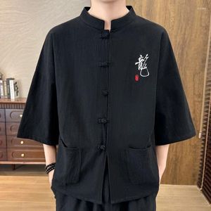 Magliette da uomo in stile cinese in stile estate in lino cotone maniche corta casual maglietta sciolta ricamata