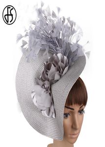 FS Imitation Stroh Big Derby Fascinator Hut für Hochzeit Frauen weiße Blume Kopfband Stirnband Feder Race Hair Accessorie 26007431