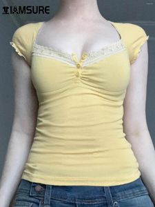 女性用Tシャツiamsure甘いソリッドレーストリムシャツカジュアルスリムスクエアカラー半袖Tシャツ女性2024サマーファッションストリートウェアレディース