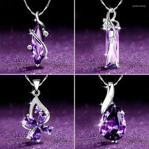 Pendant Necklaces Aesthetic Purple CZ Women's Necklace Marquise/Square/Water Drop/Flower Luxury Fashion Female Wedding Jewelry 2024