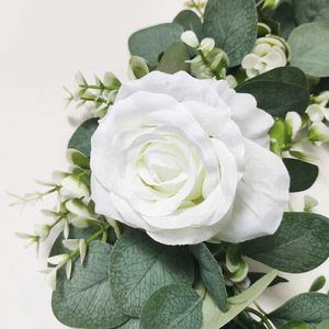 Decorative Flowers Wreaths Artificial White Rose Wreath Green Leaves Eucalyptus Garland Fake Flower Wreath For Door Decoration Home Decor