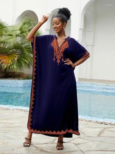 Dark Blue Standing Collar Embroidered Kaftan Women's Bohemian Holiday Bikini Beachwear Cover-ups Cozy House Dress Q1545