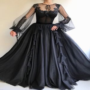 Vestidos de noiva góticos pretos de 2019 com vestido de bola de mangas compridas, vestidos de noiva pretos não brancos para o casamento não tradicional feito 200p