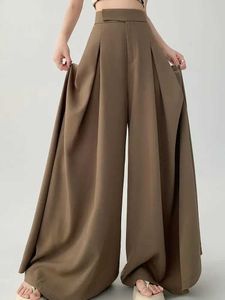 Women's Pants Capris Women Black Elegant Wide Leg Long Pant Summer Brown High Waist Baggy Pleated Trousers Gray Pockets Fashion Simplicity Fashion Y240509