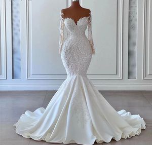 Gorgeous Mermaid Wedding Dresses 2024 Illusion Neck Long Sleeve Beading Flower Lace Appliques Lace Up Bridal Formal Party Gown Vestidos De Noiva