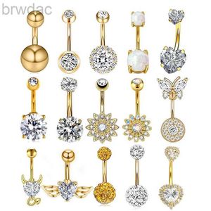 Navel Rings 1Pc Gold Color Stainless Steel Belly Ring Flower Heart Shaped CZ Crystal Navel Belly Button Rings Butterfly Navel Piercings 14G d240509