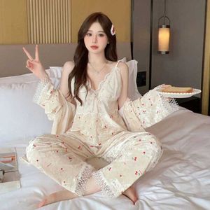 Women's Robe Three Piece Set Sleepwear Womens Velvet Spaghetti Strap Long Robe Womens Sweet Sexy Lace Homewear New Autumn Winter