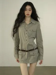 Vestidos casuais American Retro Grey Workwear Dress for Women Autumn Style Function Slave Slave Slimming Girl Spicy Girl Short Short