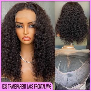 Malaysischer peruanischer brasilianischer natürlicher schwarzer tiefe Welle 13x6 transparente Spitze Frontalperücke 18 Zoll 100% Jungfrau Remy menschliches Haar zum Verkauf