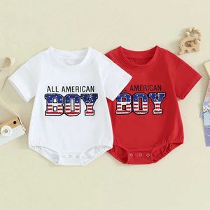 Rompers Fourth of July Baby Boy Girl Outfit 4th of July Newborn Embroidered Short Sleeve Romper Shirt Patriotic Summer Clothes H240508