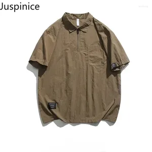 Herrpolos japansk stil is siden snabbtorkande halv-zip polo skjorta sommar lös casual personlig kortärmad t-shirts manliga kläder