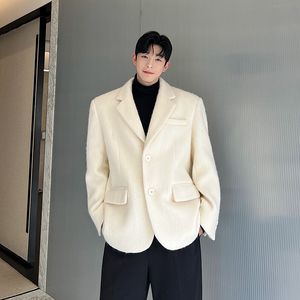 Korean Chic Male Woolen Designer Jacket Fashion Lapel Single Breasted Pocket Coat 2023 Autumn Winter Casual Men Clothing Pink 9C2886