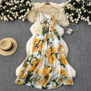 Lässige Kleider Frauen florale Print Spaghetti-Träger Sommer Boho Beach Chiffon Kleid elegante Hosenträger sexy V-Ausschnitt Long Vestidos 581