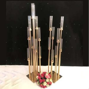 Świeczniki kwiatowe świece metalowe wazony uchwyty na stole ślubne centralne elementy Candelabra Pillar Stands Party Decor Drog ołów