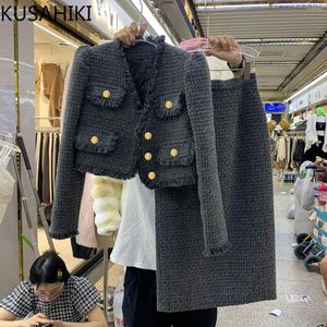 Arbeitskleider Kusahiki Mode Zwei Stücke Frauen Sets 2024 Herbst Winter Kurzmantel hoher Taille Elegant Slim Rock Korean Style Outfits