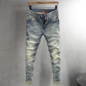 Mäns jeans italiensk stil mode män vintage tvätt blå elastisk smal passar öppen front hög kvalitet designer Q240509