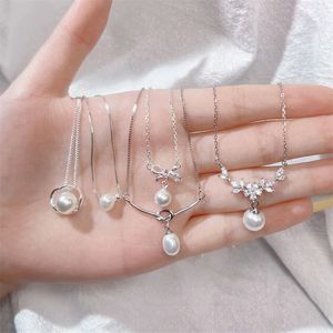 New Simple 925 Sterling Silver Necklaces&Pendants Classic Natural Freshwater Pearl With CZ Zircon Pendant Necklace For Women Girls Wedding Gifts