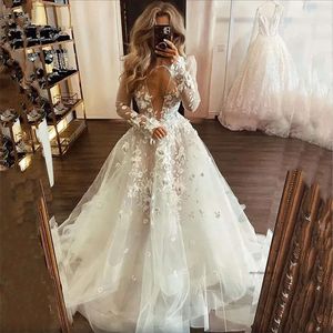 2023 abiti boho maniche lunghe 3D floreale Applique immergenti a V collo a una linea abito da sposa da sposa plus size Vestitido de novi 0509