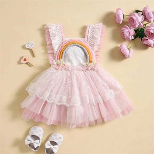 Vestidos de menina infantil menina menina arco -íris vestido de renda com manga de malha traseira TULLE TUTU DRESS 3 6 12 MESES MEES