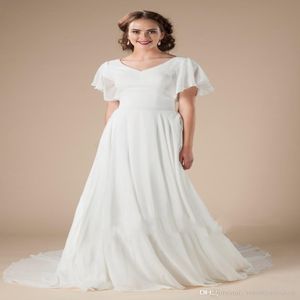 Nowe nieformalne boho szyfonowe skromne sukienki ślubne z trzepotaniem rękawów A-line proste bohemian lds mostowe suknie ślubne