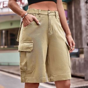 Kvinnors shorts y2k denim shorts kvinnor armé grn retro sommar stora fickor last jeans cykel mode strtwear shorts y240504
