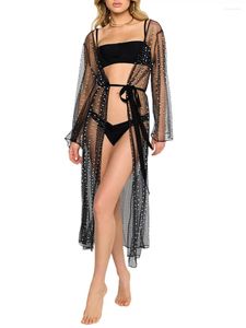 Kvinnor S Y2K Sheer Mesh Pearl Rhinestone Cover Up Dress See Through Long Bikini Beach badkläder