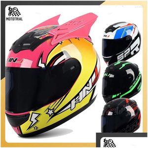 Motorcycle Helmets Motor Hnj Helm Off-Road Helmet Pengendara Sertifikasi Ece Pria Wanita Kucing Wajah Penuh Sepeda Motocross Moto D Dh4Go