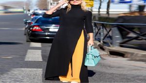 Shengpalae 2020 NYTT SPRING Fashion Black Turtleneck Tre -kvarts ärm Split Hem Woman Golvlength Dress SC312 Y2006235807562
