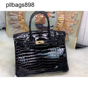 Top Cowhide Handbag Brkns in pelle genuina in pelle mezzo alto gloss pancia di coccodrillo 30 nero con cera threadcanp5x