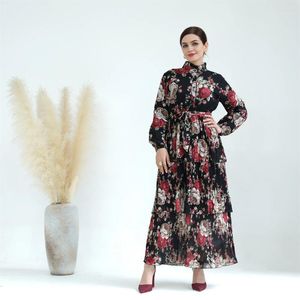 Etnik Giyim Kaftan Kadın Şifon Maxi Elbise Müslüman Dubai Partisi Elbise Çiçek Baskı Katmanı Jalabiya Ramazan Kaftan Abaya İslami Vestido