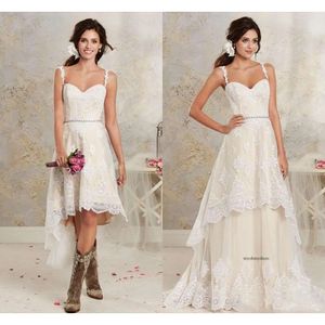 2021 New Sexy Two Pieces Dresses Spaghetti Lace A Line Bridal Gowns With Hi-Lo Short Detachable Skirt Country Bohemian Wedding Gown 0509