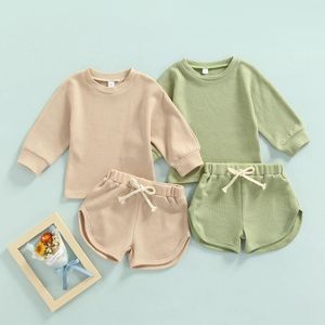 Set di abbigliamento bambino unisex baby kid set set di outfit waffle in cotone solido per bambini color maniche t-shirt a collo rotondo