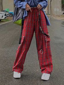 Spodnie damskie capris houzhou punk cargo pielna pielki kobiety gotyckie harajuku czerwone szachownice szerokie spodnie dla kobiet jesiennych mody Hippie Y240509