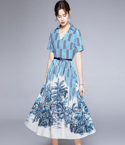 2022 Sexy Slim Striped Aline Dress Runway Designer Kurzarm Vneck Urlaub Prom Office Damen Elegant gedruckte Midi -Kleider SU8849738