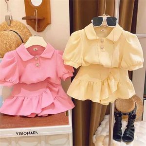 Комплекты одежды 2 штуки для девочек Summer Fashion Sets с лацкатной рубашкой и шортами для юбки пузырьки H240508