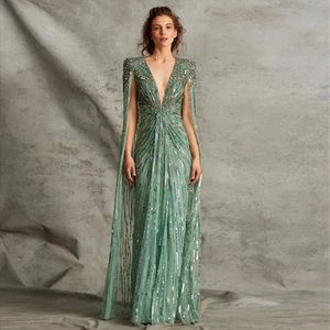 Sharon disse que luxo Dubai Sage Green Night Vestres com Cape Fuchsia Crystal Gold Gold Mulheres Elegantes Casamento Vestido de Partido Formal SS399 240509