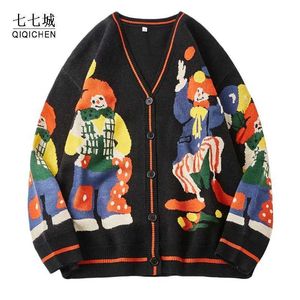 Herrjackor julstickad tröja herr cardigan överdimensionerade gatukläder stickad jumper rolig clown tryck ren bomull harajuku stickad jacka unisex newl2405