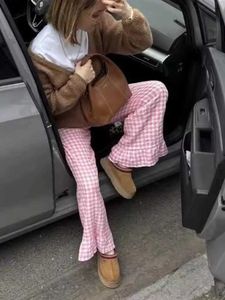 女性用パンツカプリス韓国プリーツヘムパンツ2024夏の新しい女性服レトロ甘い格子縞のプリントハイウエストわずかに育てたカジュアルズボンQ240508