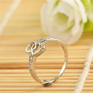 Anel de prata anéis de cluster com 18k platina e diamante conjunto de jóias de vendas de coração duplo na Europa America for Women