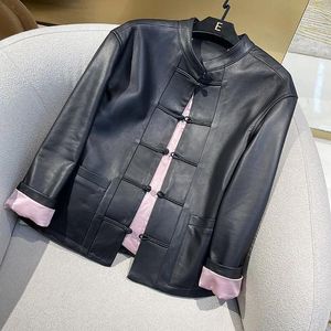 Women's Leather 2024 Women Stand Collar Chinese Plate Button Soft Lambskin Genuine Jacket E49