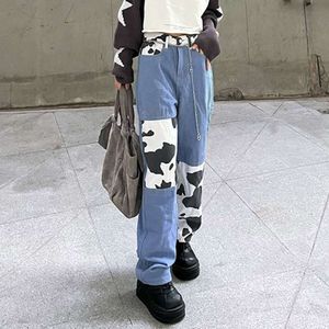 Kvinnliga jeans fashionabla texturfärgkontrast Multi fickbyxor med gatu stil lös och smal mångsidig avslappnad bantning oregelbunden kläder