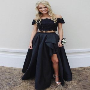 Czarna satynowa spódnica koronka z aplikacjami Top podzielone formalne wieczorne sukienki dla dziewcząt Urocze dwuczęściowe z ramion Długie bal maturalny 256Q