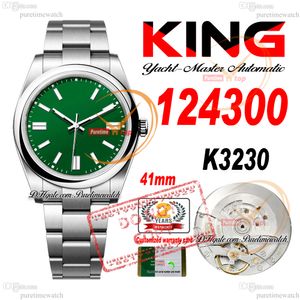 124300 K3230 Automatic Mens Watch KING 41mm Polished Bezel Green Stick Dial 904L Steel Case And Bracelet Super Edition Same Serial Card Reloj Hombre Puretime PTRX