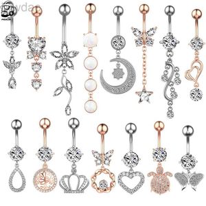 Navel Rings 1pc Multi-Styles Heart Dangled Belly Navel Piercing Button Ring 14G Stainless Steel CZ Crystal Ombligo Oreja Woman Body Jewelry d240509