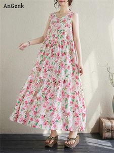 Abiti casual cotone rosa senza maniche vintage per donne 2024 abito da spiaggia per le vacanze estive femme vestidos abiti lunghi eleganti