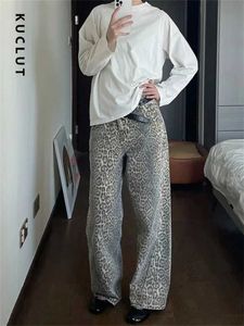 Женские брюки Capris Leopard Print Женские джинсы с широкими ногами Американская умывальница Винтажная улица огорченная новая гаранджуку в стиле девочка Spicy Girl Bag y2k Casual Q240508