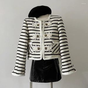 Women's Jackets Navy Style Black White Striped Short Coat Autumn Winter Elegant Casual Lace Sweet Small Fragrant Ladies Tweed Jacket