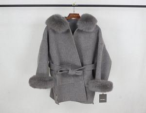 OFTBUY 2020 Real Fur Coat Winter Jacket Women Natural Fox Fur Collar Cuffs Hood Cashmere Wool Woolen Oversize Ladies Outerwear9535320