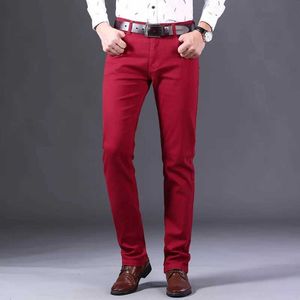 Men's Jeans Classic style mens wine red jeans fashionable business casual straight denim elastic Trousers brand pants Q240509