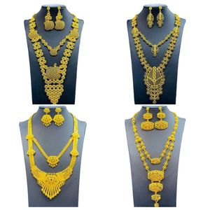Gold Plated Alloy Dubai Necklace Earrings Indian Bride Wedding Two Piece Set Jewelry